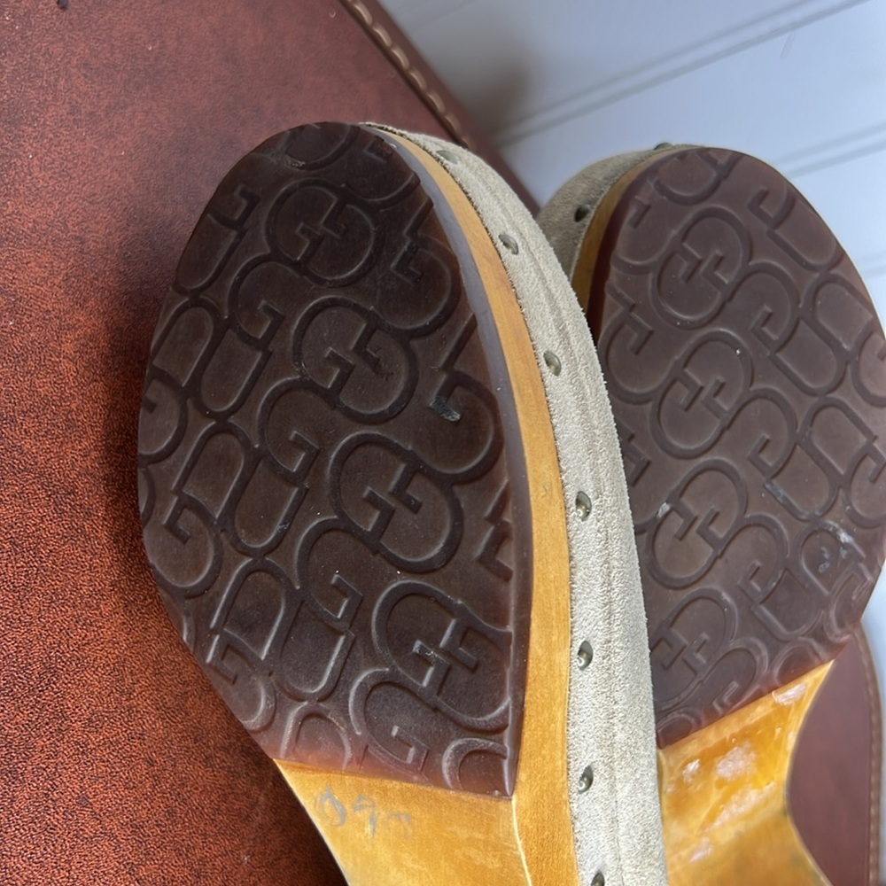 UGG Cream Suede Clog Heels with Wood Platform - Picture 11 of 13